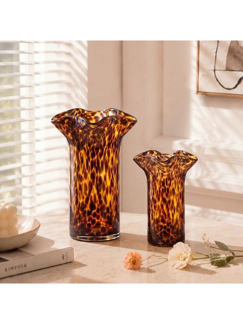 Set of 2 Ruffled Tortoise Shell Glass Vases - Amber Brown Home Decor Accent